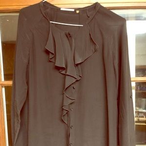 Tahari 100% silk black ruffle front Blouse, Large